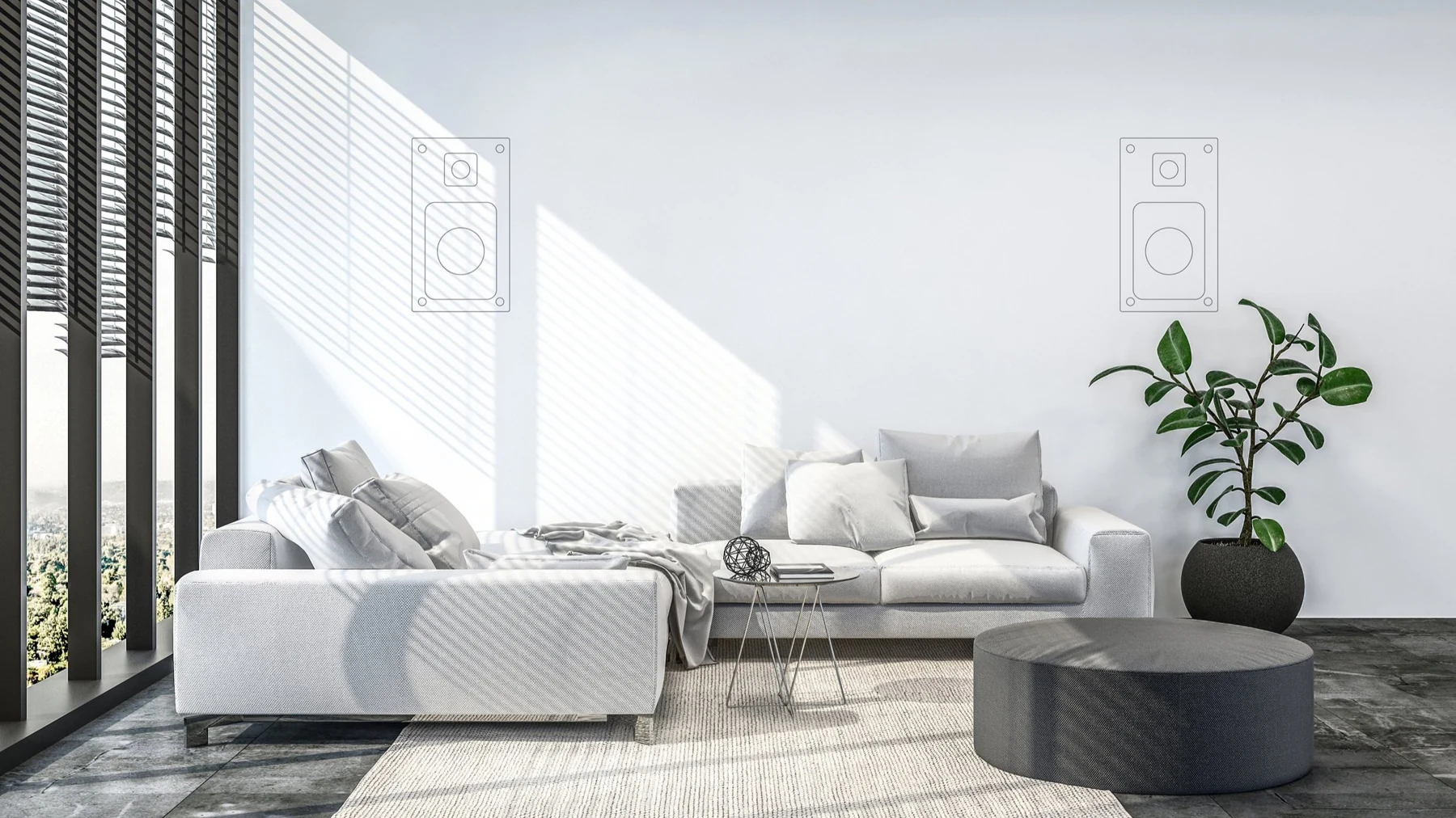 Modernes Wohnzimmer mit schematisch dargestellten integrierten Lautsprechern