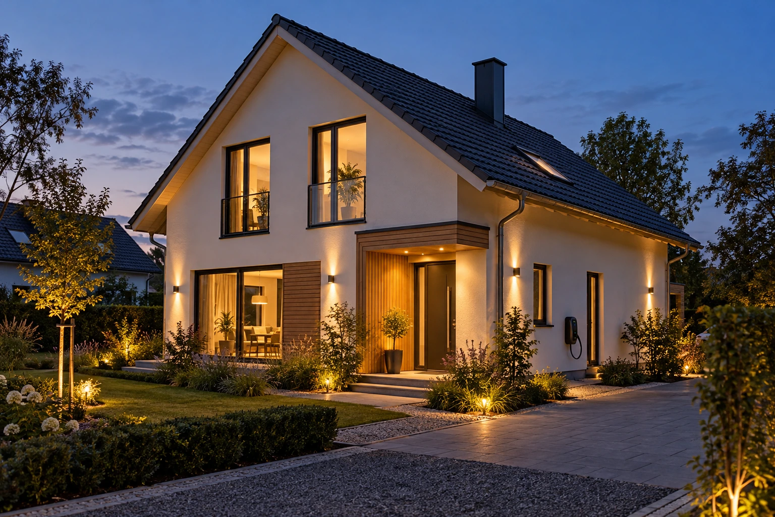 Modernes Einfamilienhaus mit Satteldach, Außenbeleuchtung und Wallbox