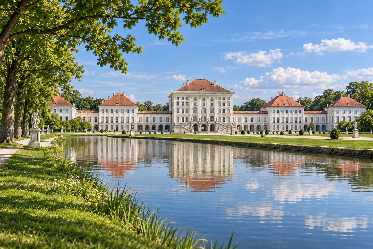 Schloss Nymphenburg im Sommer. KI-generierte Architekturillustration, keine dokumentarische Aufnahme.