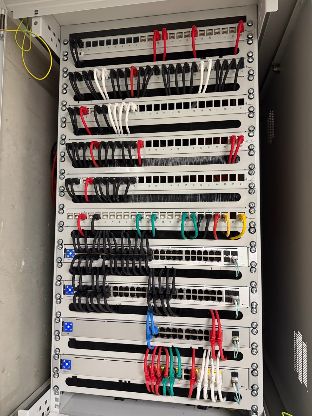 Netzwerkschrank mit Patchfeldern und UniFi Switches